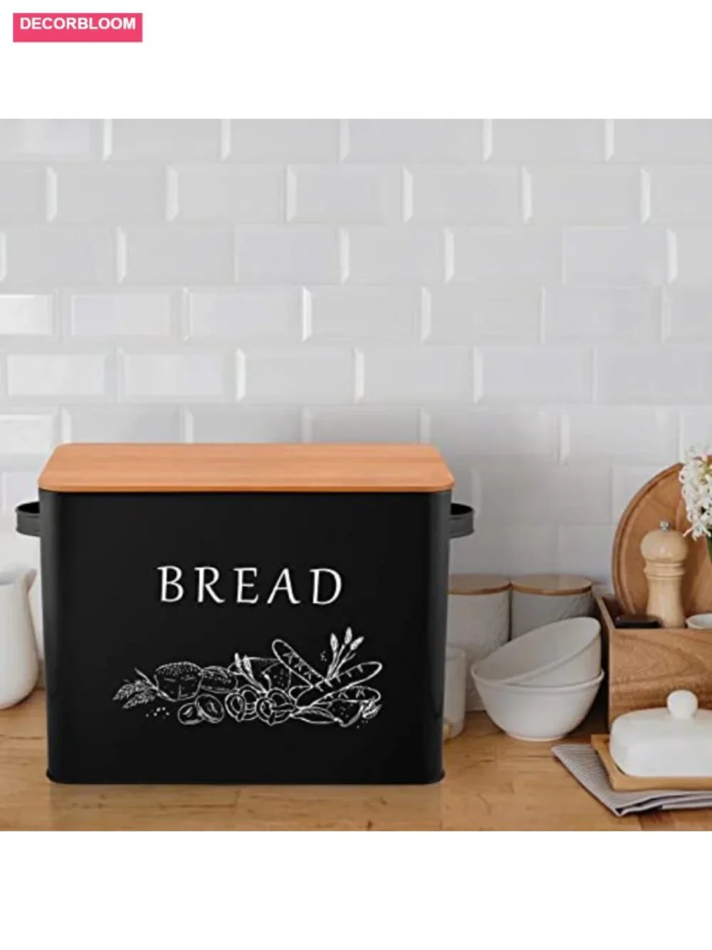 Rustic Bread Box with Wooden Lid Cutting Board, Metal Container